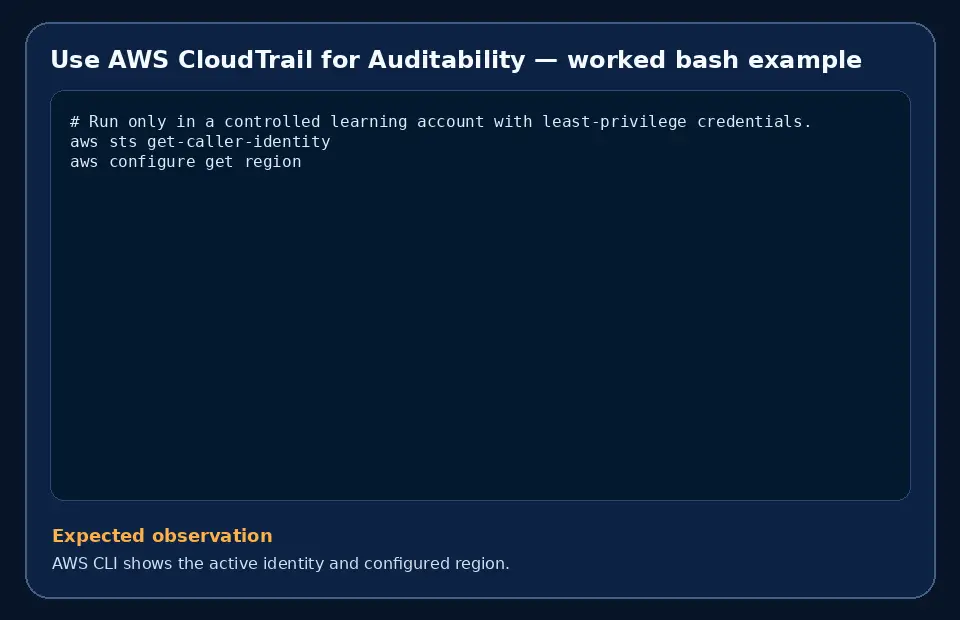 Code example for Use AWS CloudTrail for Auditability with the expected observation.