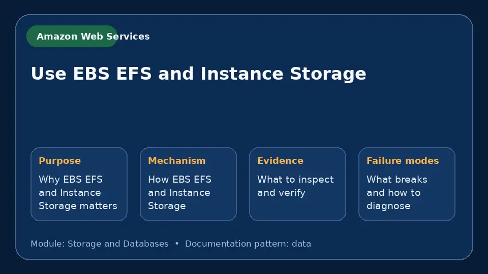 Concept map for Use EBS EFS and Instance Storage showing purpose, mechanism, verification evidence and failure modes.