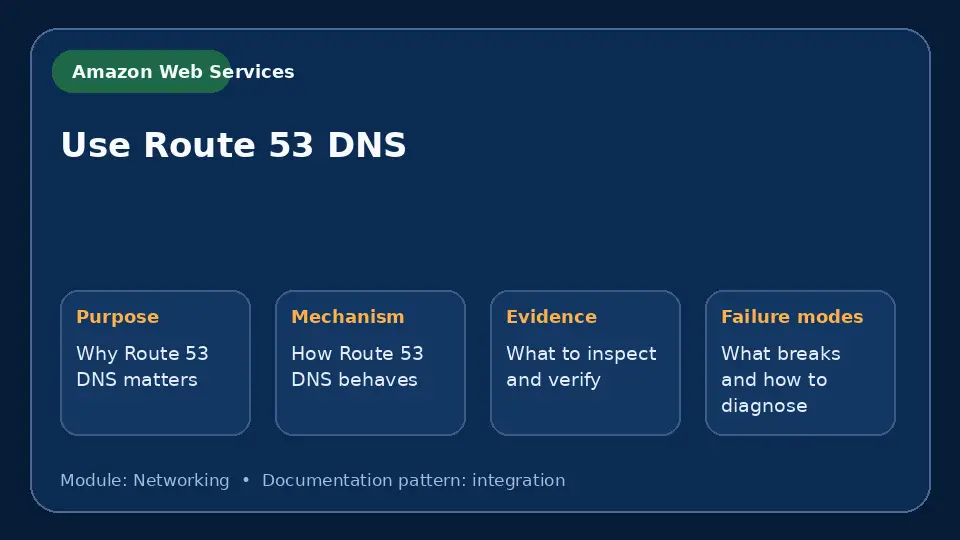 Concept map for Use Route 53 DNS showing purpose, mechanism, verification evidence and failure modes.