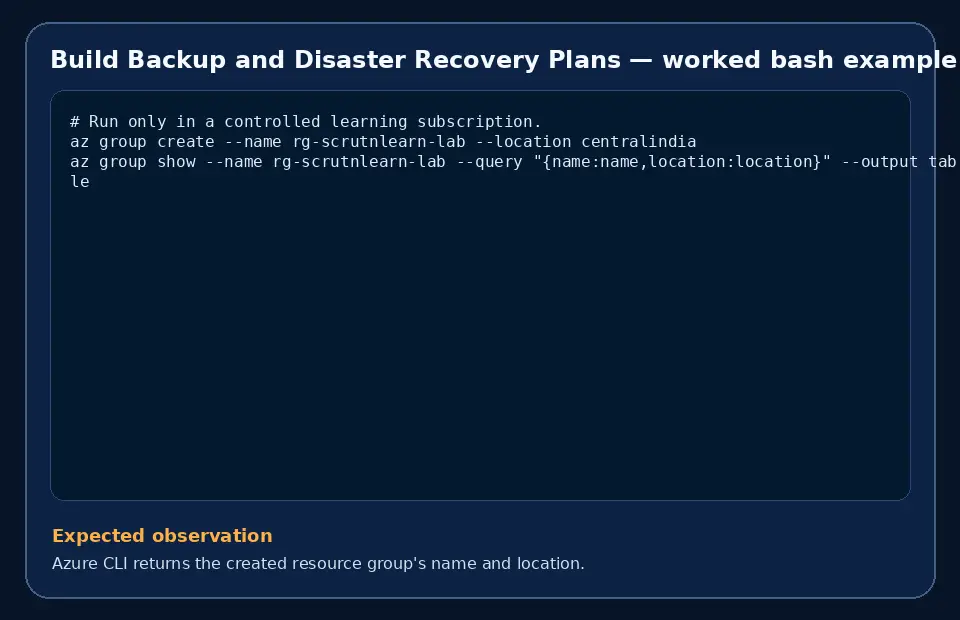 Code example for Build Backup and Disaster Recovery Plans with the expected observation.