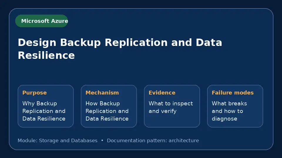Concept map for Design Backup Replication and Data Resilience showing purpose, mechanism, verification evidence and failure modes.