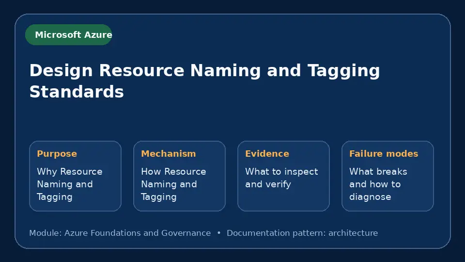 Concept map for Design Resource Naming and Tagging Standards showing purpose, mechanism, verification evidence and failure modes.