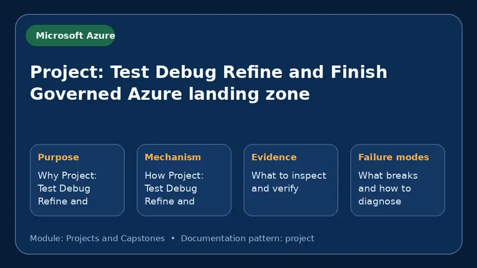Concept map for Project: Test Debug Refine and Finish Governed Azure landing zone showing purpose, mechanism, verification evidence and failure modes.