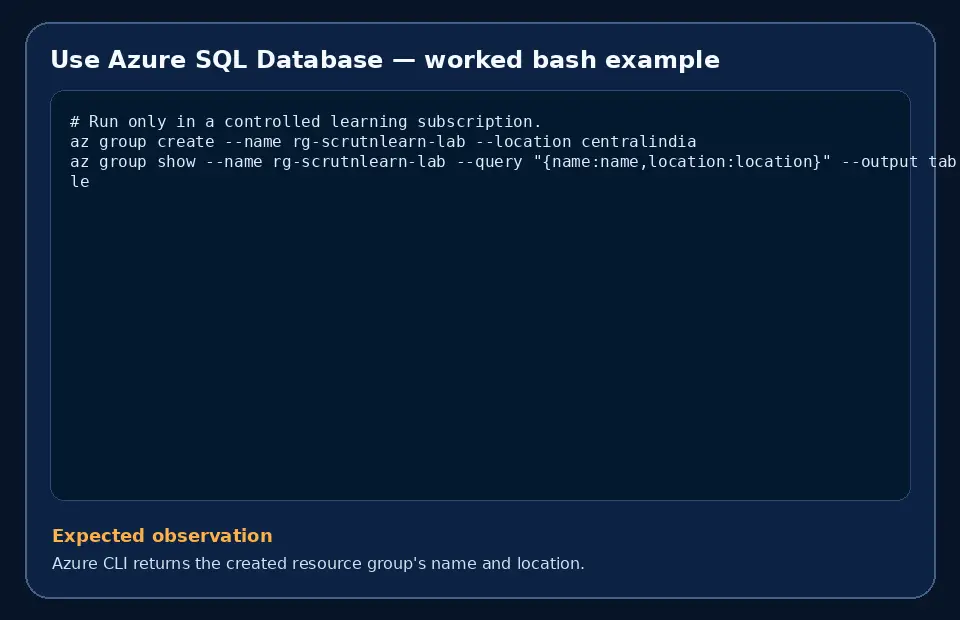 Code example for Use Azure SQL Database with the expected observation.