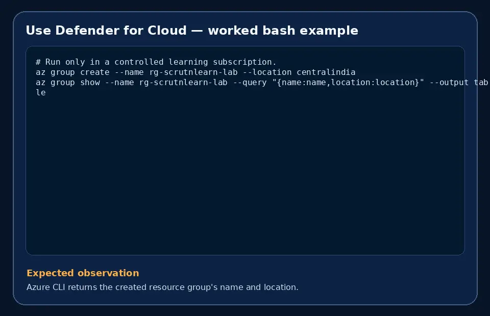 Code example for Use Defender for Cloud with the expected observation.