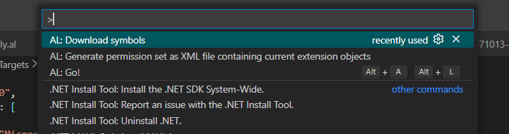 Visual Studio Code Command Palette with AL: Download symbols selected