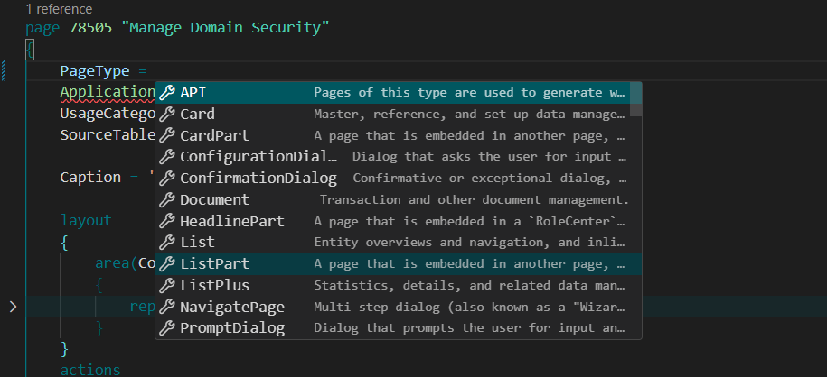 Visual Studio Code IntelliSense list of AL PageType values