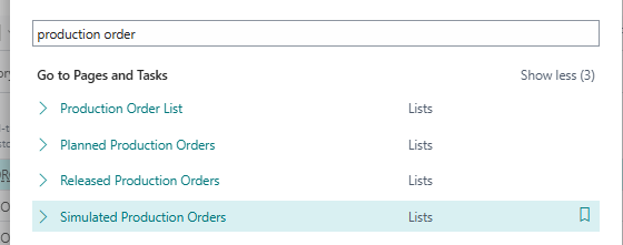 Business Central search results for planned, firm planned, released and simulated production orders