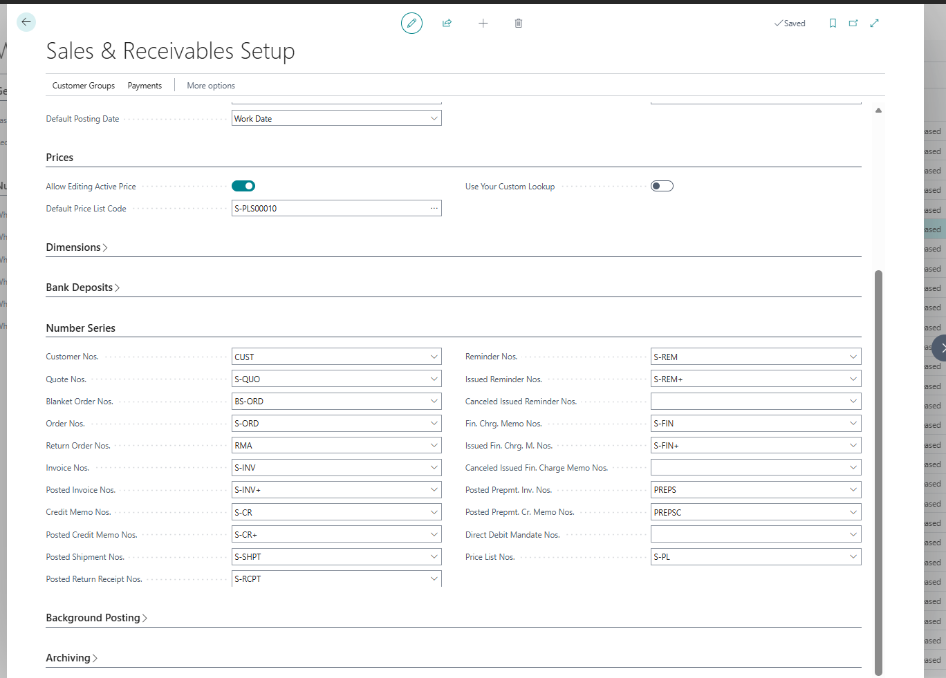 Number Series section of Sales and Receivables Setup in Business Central