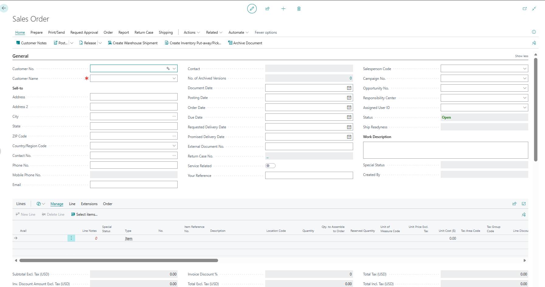 Blank Sales Order page in Microsoft Dynamics 365 Business Central