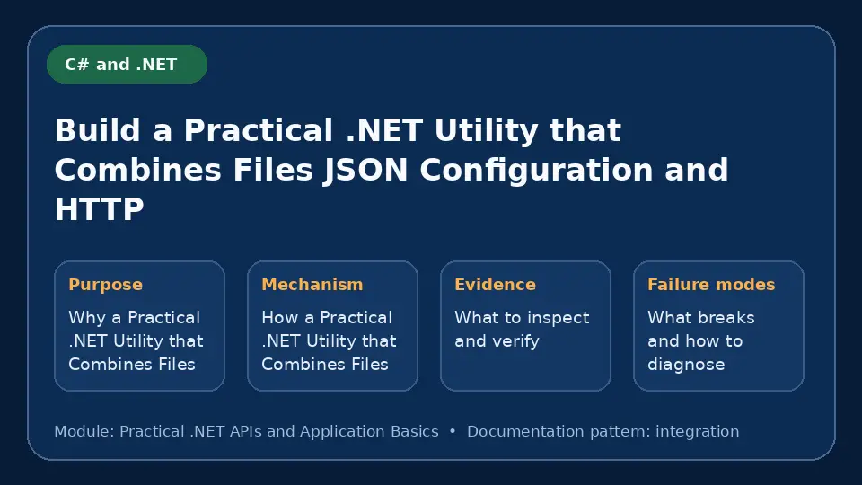 Concept map for Build a Practical .NET Utility that Combines Files JSON Configuration and HTTP showing purpose, mechanism, verification evidence and failure modes.