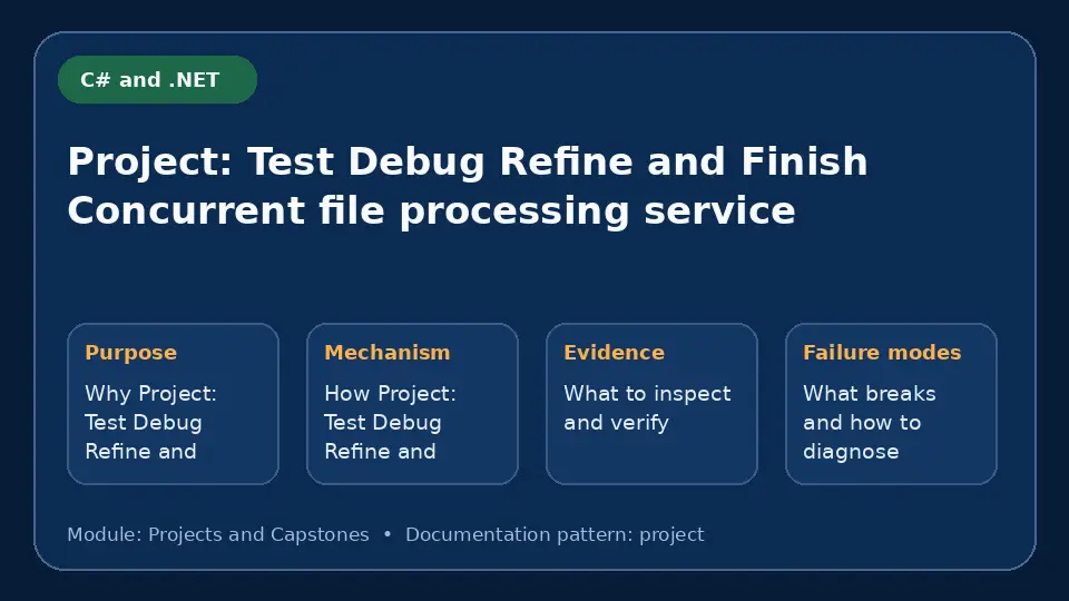 Concept map for Project: Test Debug Refine and Finish Concurrent file processing service showing purpose, mechanism, verification evidence and failure modes.
