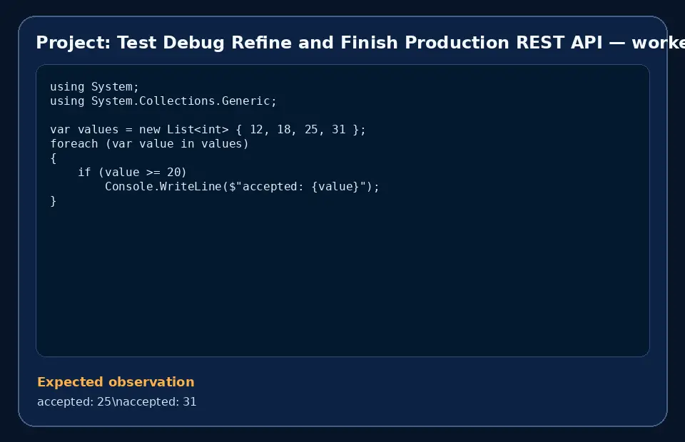 Code example for Project: Test Debug Refine and Finish Production REST API with the expected observation.