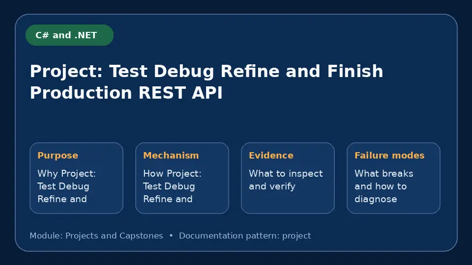 Concept map for Project: Test Debug Refine and Finish Production REST API showing purpose, mechanism, verification evidence and failure modes.