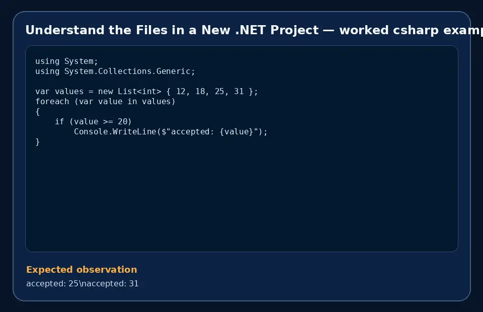 Code example for Understand the Files in a New .NET Project with the expected observation.