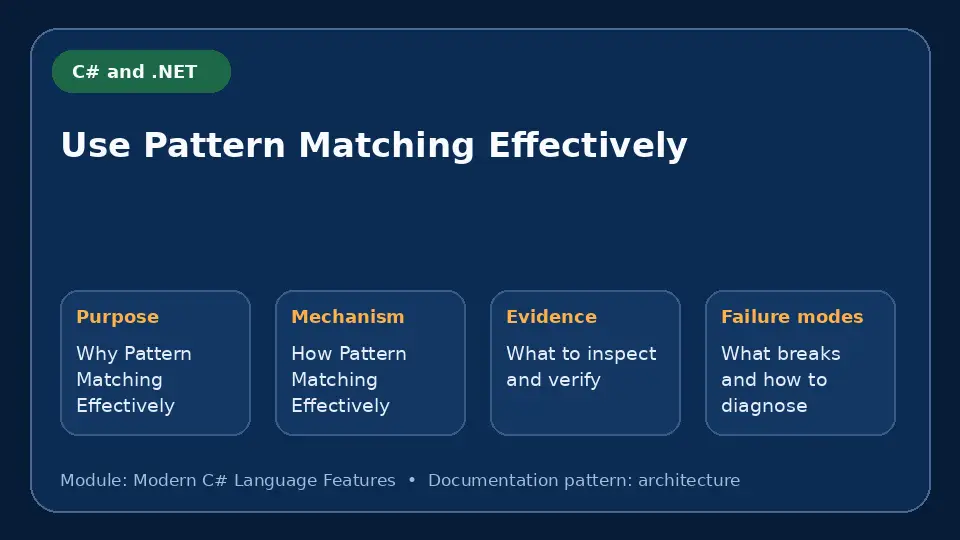 Concept map for Use Pattern Matching Effectively showing purpose, mechanism, verification evidence and failure modes.