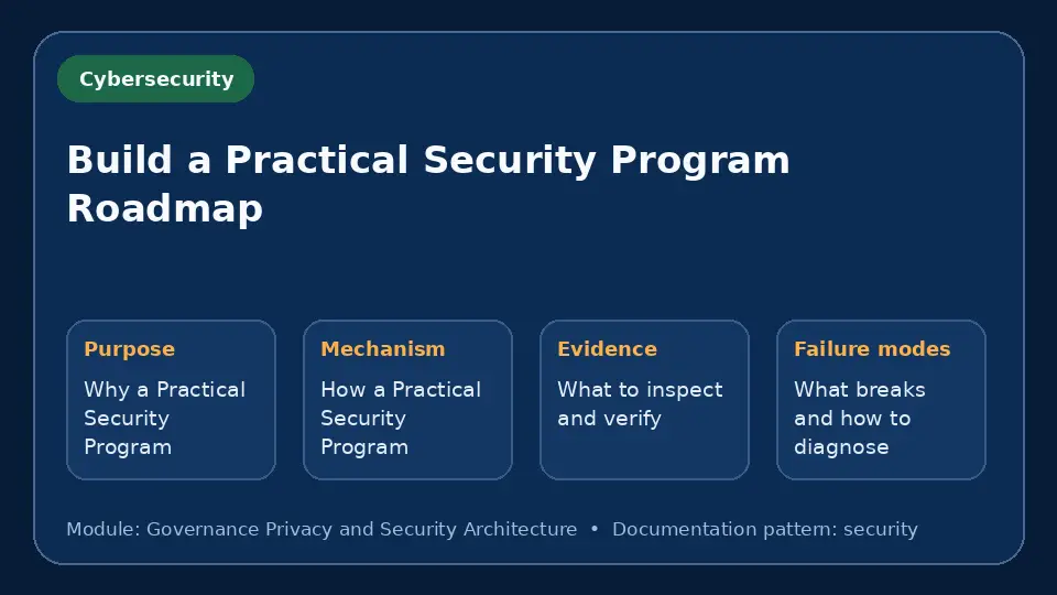 Concept map for Build a Practical Security Program Roadmap showing purpose, mechanism, verification evidence and failure modes.