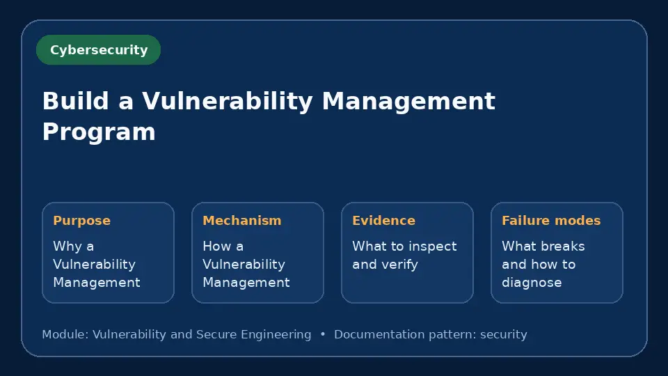 Concept map for Build a Vulnerability Management Program showing purpose, mechanism, verification evidence and failure modes.
