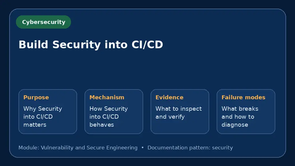 Concept map for Build Security into CI/CD showing purpose, mechanism, verification evidence and failure modes.