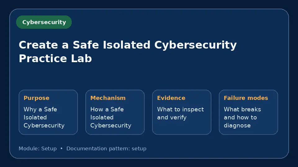 Concept map for Create a Safe Isolated Cybersecurity Practice Lab showing purpose, mechanism, verification evidence and failure modes.
