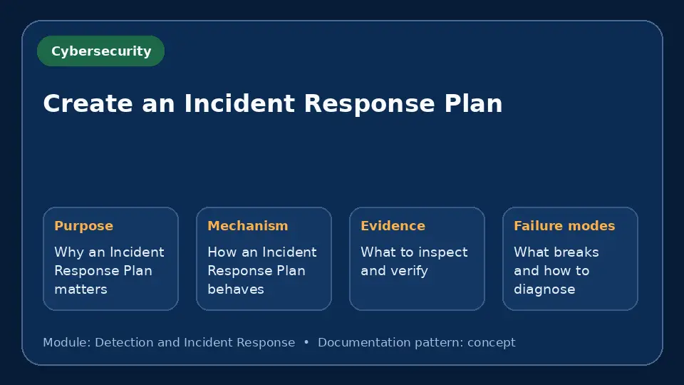 Concept map for Create an Incident Response Plan showing purpose, mechanism, verification evidence and failure modes.