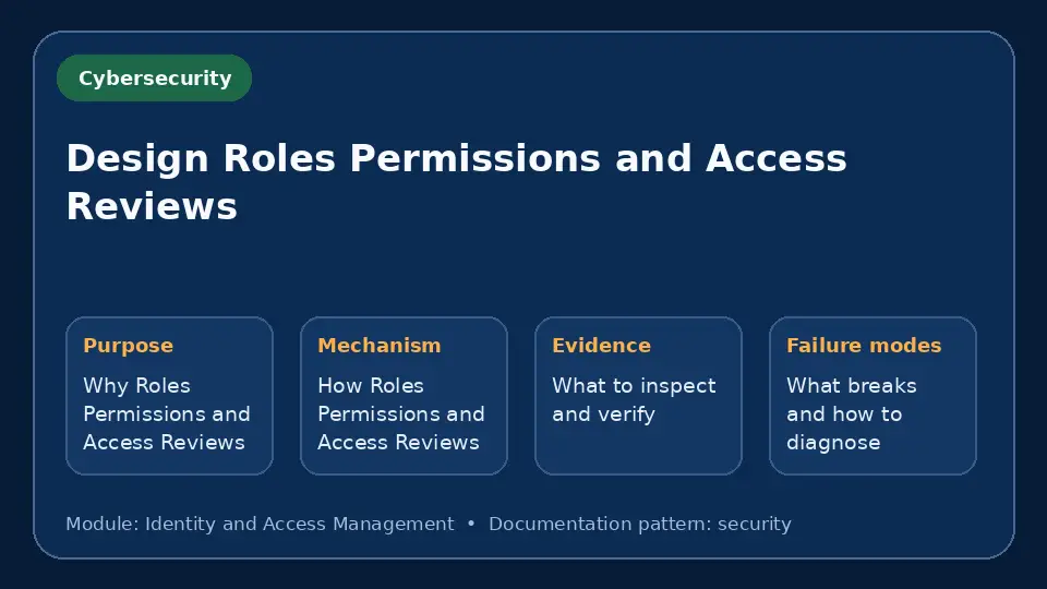 Concept map for Design Roles Permissions and Access Reviews showing purpose, mechanism, verification evidence and failure modes.