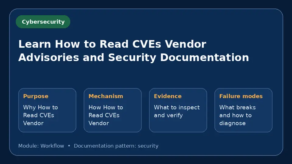 Concept map for Learn How to Read CVEs Vendor Advisories and Security Documentation showing purpose, mechanism, verification evidence and failure modes.