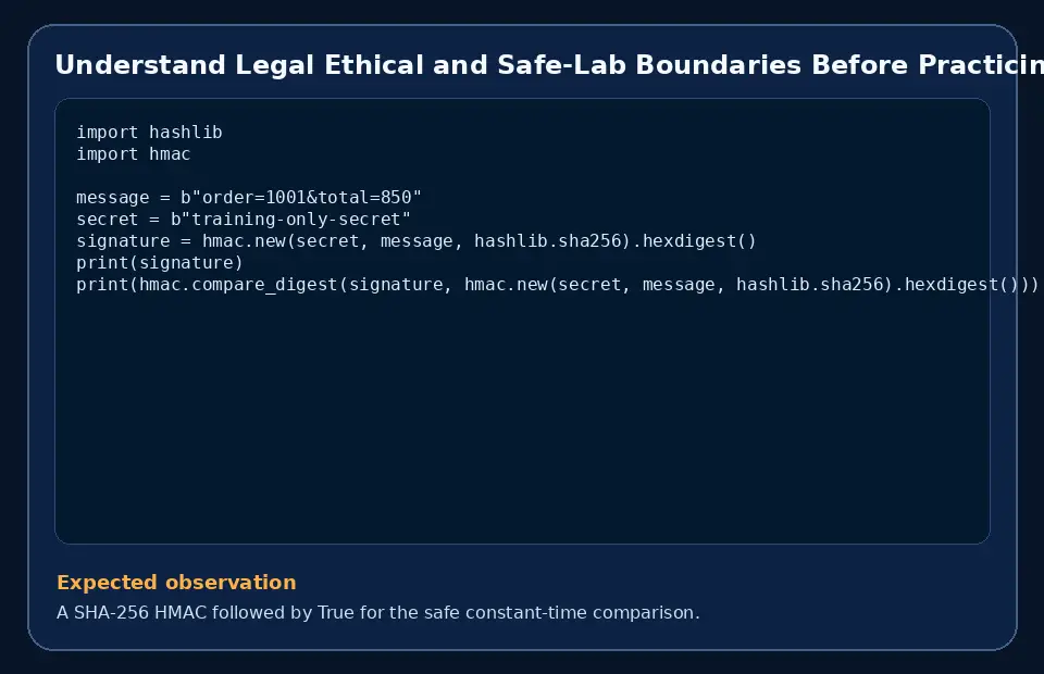 Code example for Understand Legal Ethical and Safe-Lab Boundaries Before Practicing with the expected observation.