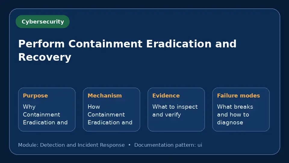 Concept map for Perform Containment Eradication and Recovery showing purpose, mechanism, verification evidence and failure modes.