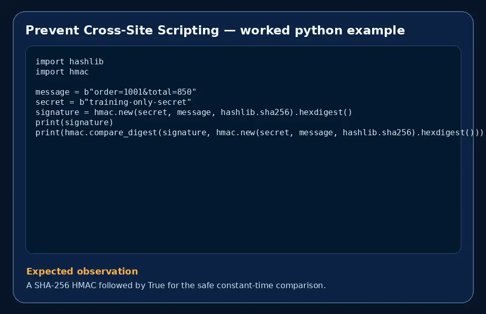 Code example for Prevent Cross-Site Scripting with the expected observation.