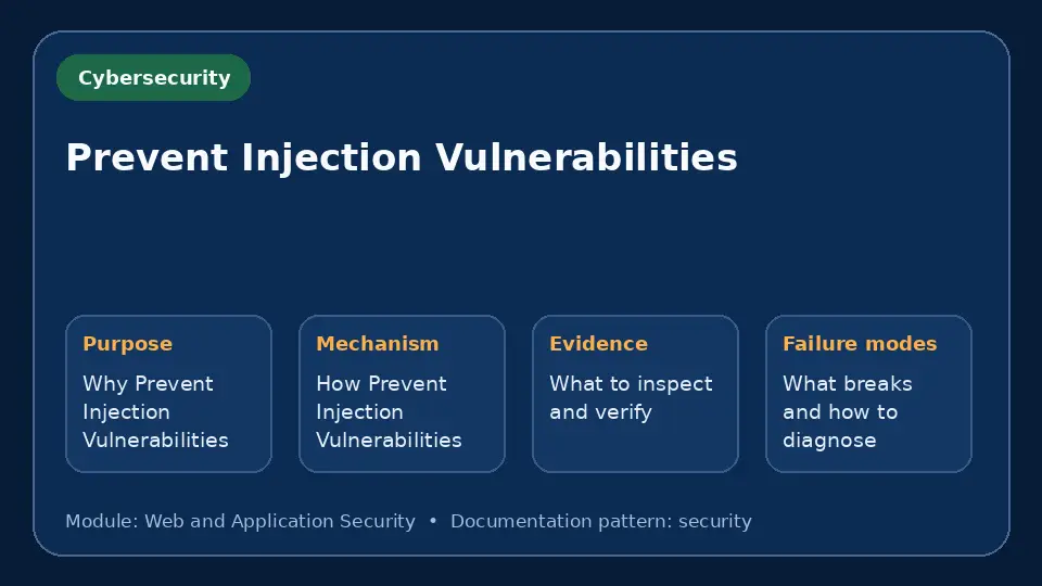 Concept map for Prevent Injection Vulnerabilities showing purpose, mechanism, verification evidence and failure modes.
