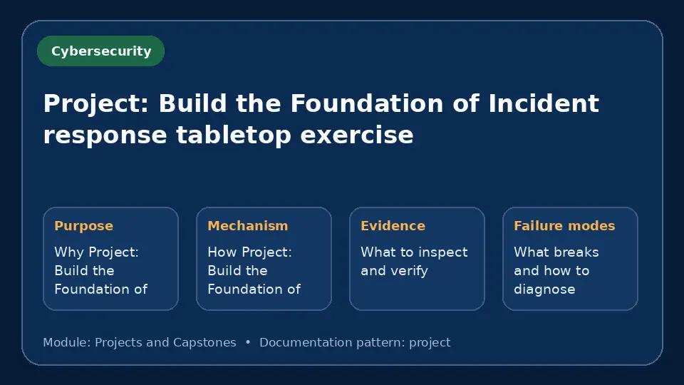 Concept map for Project: Build the Foundation of Incident response tabletop exercise showing purpose, mechanism, verification evidence and failure modes.