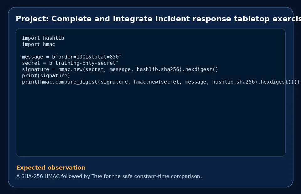 Code example for Project: Complete and Integrate Incident response tabletop exercise with the expected observation.