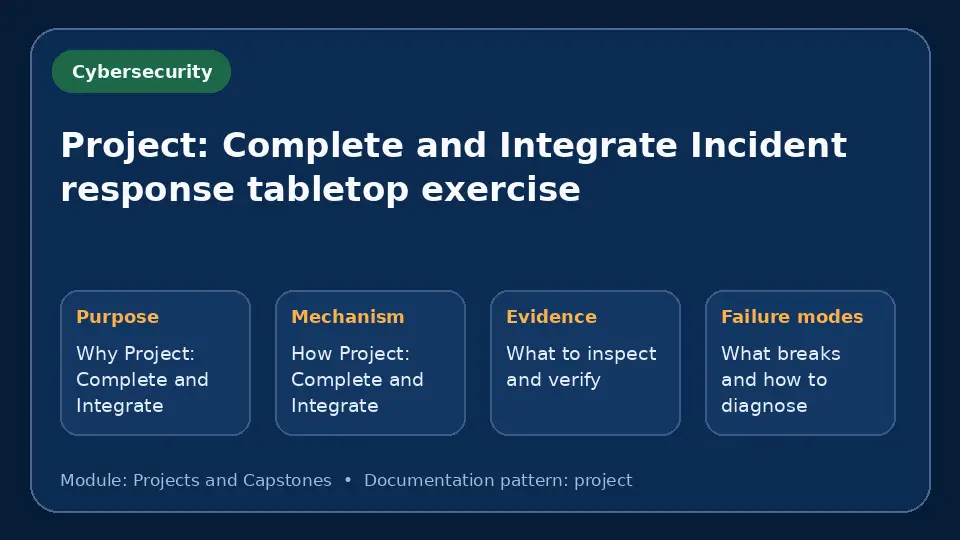 Concept map for Project: Complete and Integrate Incident response tabletop exercise showing purpose, mechanism, verification evidence and failure modes.