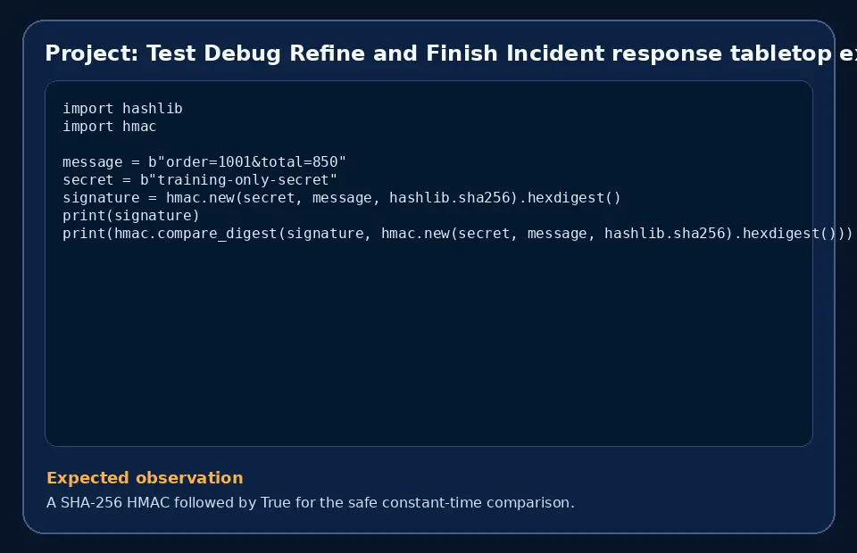 Code example for Project: Test Debug Refine and Finish Incident response tabletop exercise with the expected observation.