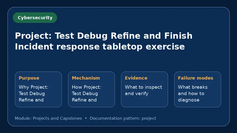 Concept map for Project: Test Debug Refine and Finish Incident response tabletop exercise showing purpose, mechanism, verification evidence and failure modes.