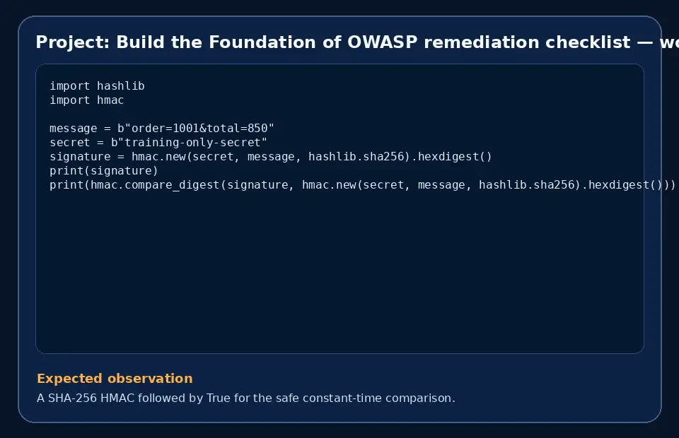 Code example for Project: Build the Foundation of OWASP remediation checklist with the expected observation.