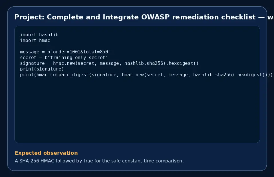 Code example for Project: Complete and Integrate OWASP remediation checklist with the expected observation.