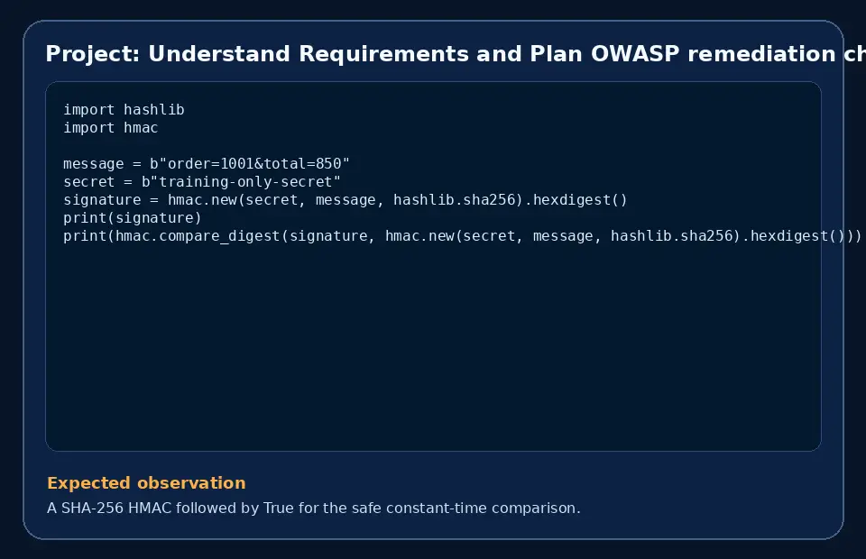 Code example for Project: Understand Requirements and Plan OWASP remediation checklist with the expected observation.