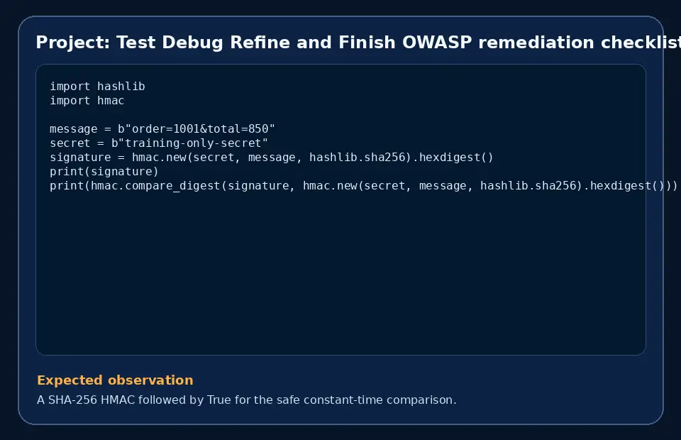 Code example for Project: Test Debug Refine and Finish OWASP remediation checklist with the expected observation.