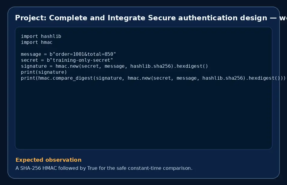 Code example for Project: Complete and Integrate Secure authentication design with the expected observation.