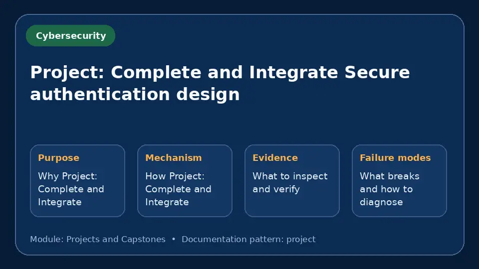 Concept map for Project: Complete and Integrate Secure authentication design showing purpose, mechanism, verification evidence and failure modes.