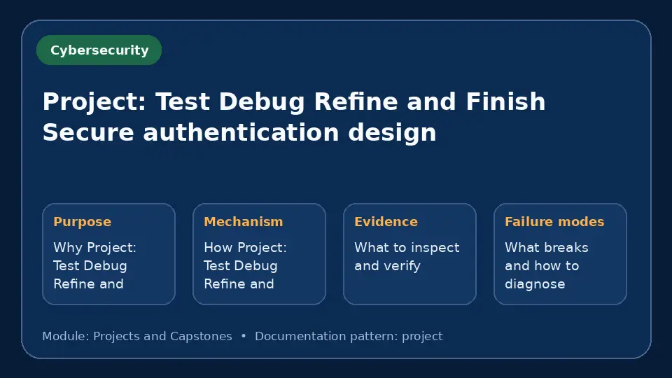 Concept map for Project: Test Debug Refine and Finish Secure authentication design showing purpose, mechanism, verification evidence and failure modes.