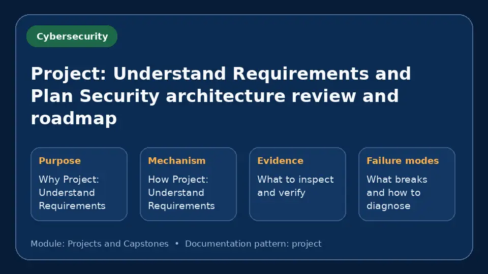 Concept map for Project: Understand Requirements and Plan Security architecture review and roadmap showing purpose, mechanism, verification evidence and failure modes.
