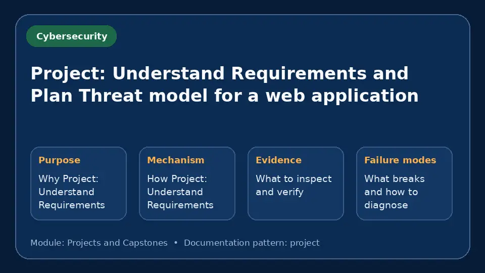 Concept map for Project: Understand Requirements and Plan Threat model for a web application showing purpose, mechanism, verification evidence and failure modes.