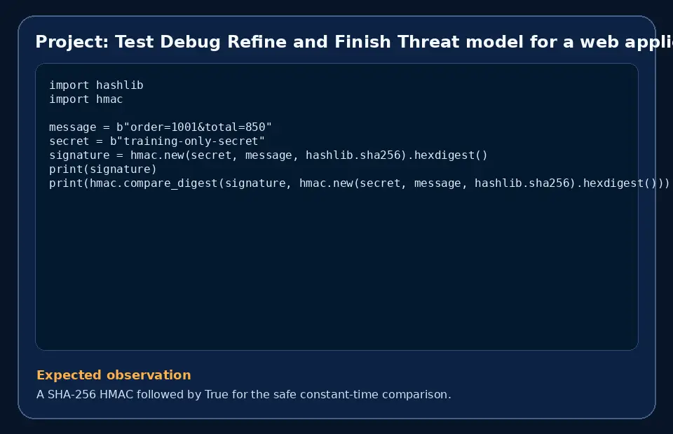 Code example for Project: Test Debug Refine and Finish Threat model for a web application with the expected observation.