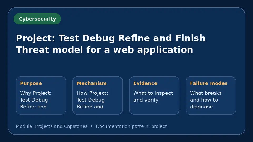 Concept map for Project: Test Debug Refine and Finish Threat model for a web application showing purpose, mechanism, verification evidence and failure modes.