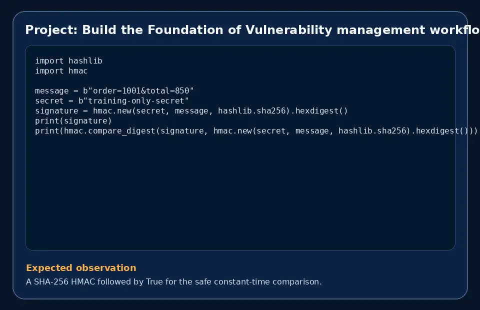 Code example for Project: Build the Foundation of Vulnerability management workflow with the expected observation.