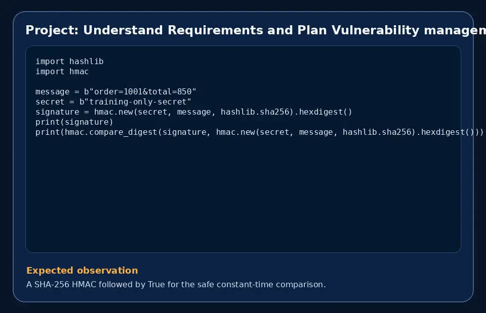 Code example for Project: Understand Requirements and Plan Vulnerability management workflow with the expected observation.