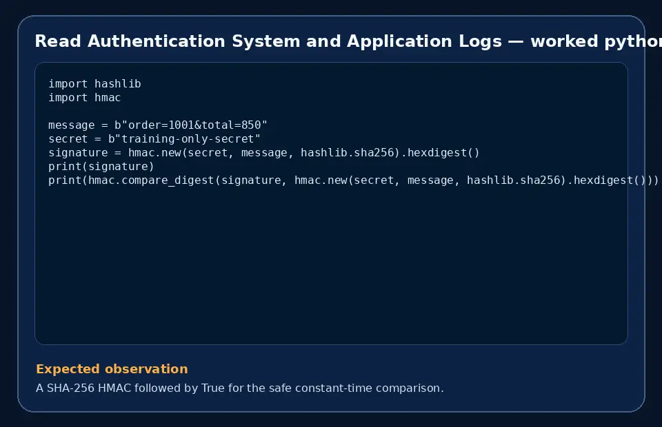 Code example for Read Authentication System and Application Logs with the expected observation.